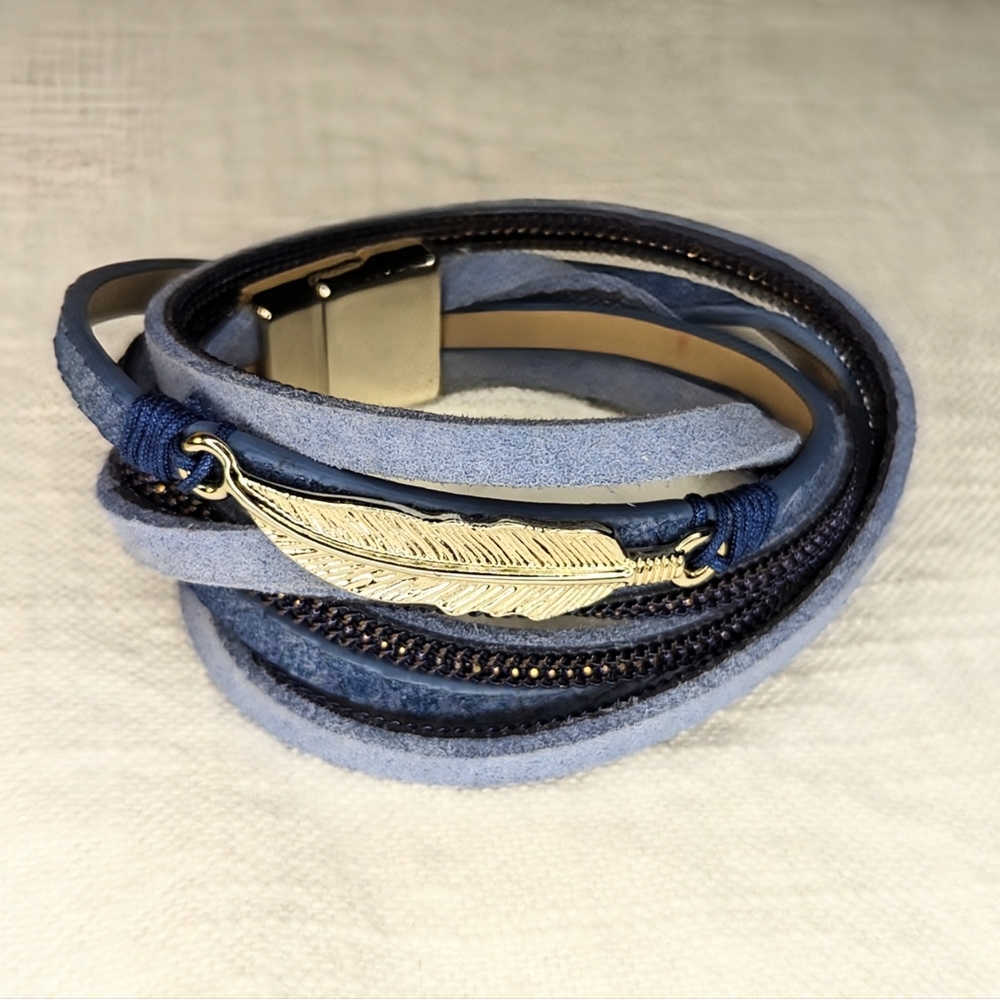 Multi Strand Blue Leather Wrap Bracelet Metal Leaf Magnet Closure